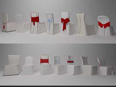 Decorative Dining Chairs With Red Blue Bows And White Chair Covers Design 3d model
