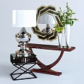 Elegant Wooden Dressing Table with Silver Lamp Gold Frame Mirror Green Plant and Tall Vase