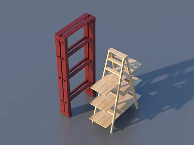 Durable Hardware Tools Including Red Ladder Frame And Light Colored Multi Layer Shelves 3d model