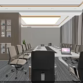 Modern Conference Room Interior With Long Table Chairs Digital Monitor And Wall Shelves