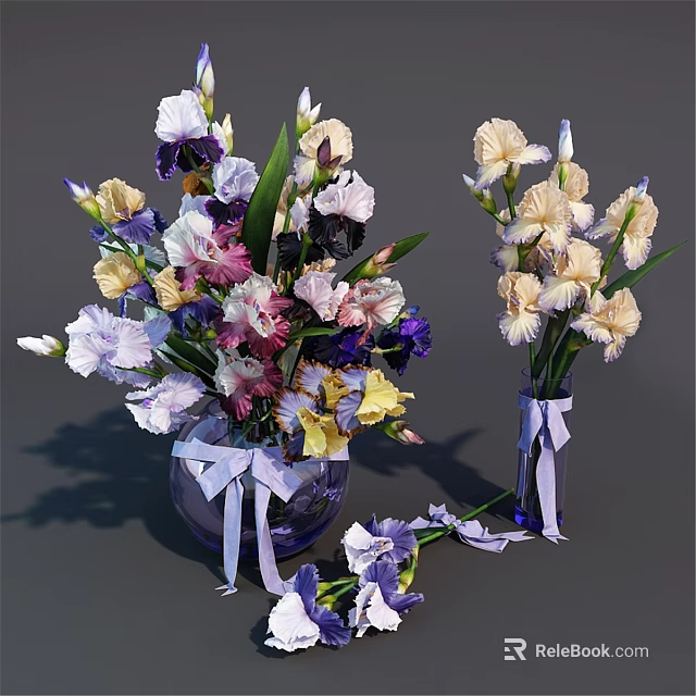 Decorative Ornament Set with Colorful Iris Flowers in Blue Glass Vases and Purple Ribbon Bows 3d model 