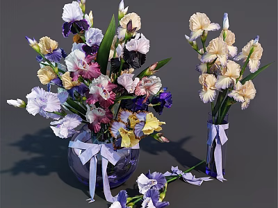 Decorative Ornament Set with Colorful Iris Flowers in Blue Glass Vases and Purple Ribbon Bows 3d model