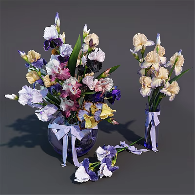 Decorative Ornament Set with Colorful Iris Flowers in Blue Glass Vases and Purple Ribbon Bows 3d model