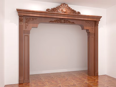 Ornate Carved Wooden Door Arch With Solid Wood Frame And Patterned Floor 3d model