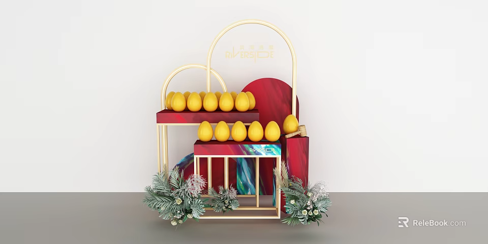 Commercial Display Equipment Featuring Golden Metal Rack Red Base Marble Countertop And Yellow Lemons 3d model 