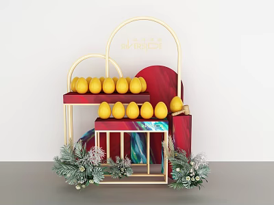 Commercial Display Equipment Featuring Golden Metal Rack Red Base Marble Countertop And Yellow Lemons 3d model