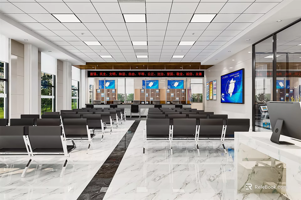 Spacious Public Service Hall With Waiting Seats Digital Screens And Marble Floor 3d model 