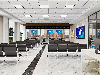 Spacious Public Service Hall With Waiting Seats Digital Screens And Marble Floor 3d model