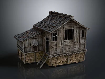 Traditional Wooden Rural House With Tiled Roof Stone Walls And Wooden Windows 3d model