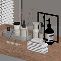 Daily Washing Essentials Arranged On Wooden Tray With Towels And Toiletry Bottles