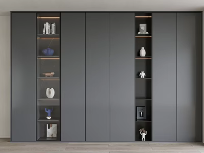 Modern Gray Built in Bookcase With Open Shelves And Decorative Items 3d model