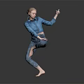 Woman In Blue Shirt And Patterned Pants Dancing On One Leg Holding Object Gray Background
