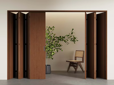Open Wooden Folding Doors Reveal Room With Wooden Chair And Green Plant 3d model