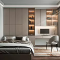 Modern Tatami Bedroom Interior Design with Bed Desk Chair Storage Cabinetry and Window Lighting