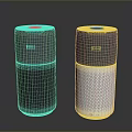 Two Modern Smart Speakers with Gray and White Cylindrical Mesh Surface and Top Indicator Lights