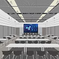Modern Conference Room With Large Screen Data Charts And Seating Arrangement