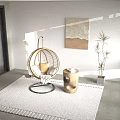Round Wicker Hanging Chair With Metal Stand In Modern Interior Decorative Artwork And Potted Plant