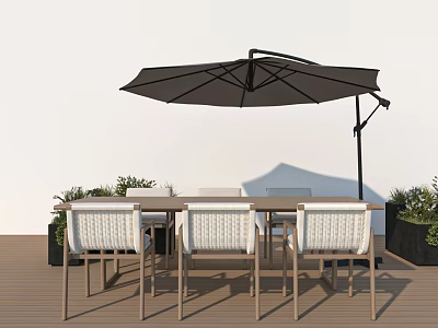 Outdoor Table with Umbrella and Chairs on Wooden Deck Surrounded by Plants 3d model