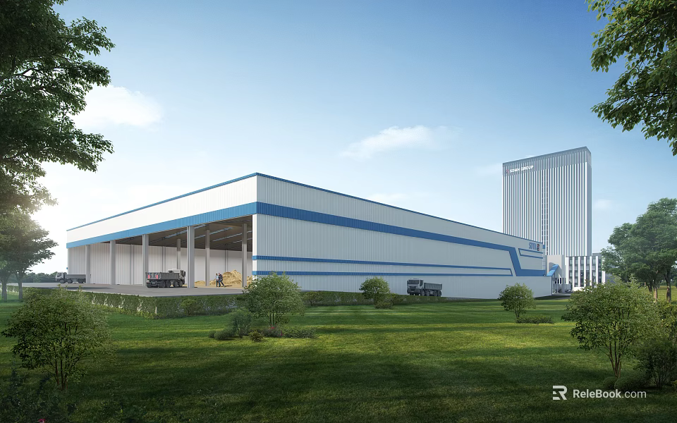 Blue And White Industrial Factory Building With Steel Structure Green Lawn Trees And High Rise 3d model 