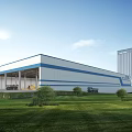 Blue And White Industrial Factory Building With Steel Structure Green Lawn Trees And High Rise