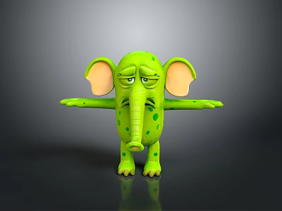 Green Spotted Cartoon Elephant With Big Ears And Sad Expression On Gray Background 3d model