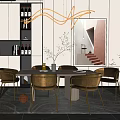 Modern Dining Table Set With Chairs Wine Rack Cabinet Pendant Light And Artwork 3d model
