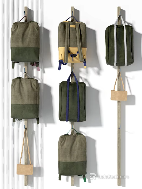 Stylish Canvas Bags Collection With Multiple Colors And Hanging Display On Wooden Hooks 3d model 