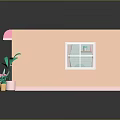 Cute Cat In Pink Cafe Model With Kitchen Interior And Outdoor Plants
