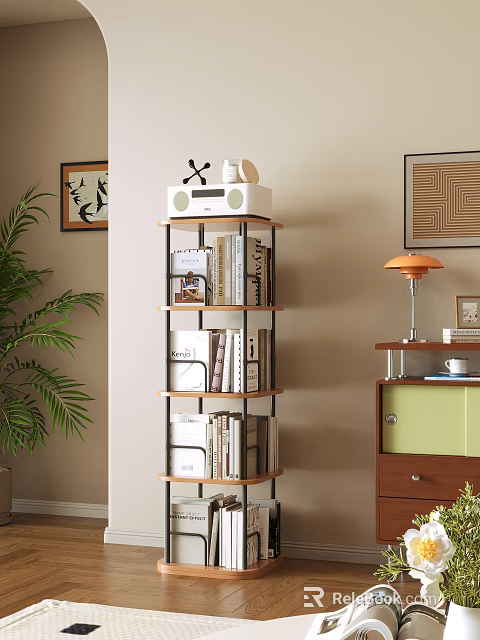 Modern Multi tiered Shelving Unit With Books Storage Boxes Green Plant And Wall Art 3d model 