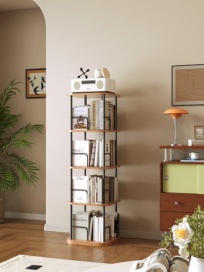 Modern Multi tiered Shelving Unit With Books Storage Boxes Green Plant And Wall Art 3d model