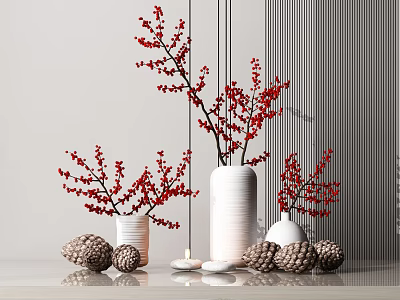 Elegant White Vases With Red Flowers And Pinecones On Striped Wall 3d model