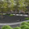 Serene Garden Landscape With Lush Trees Wooden Platform Grass Traditional Pavilion Lighting and People Walking
