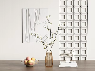 Decorative Ornament Set With Painting Vase Twig Apple Bowl Bird Books And Geometric Panel 3d model