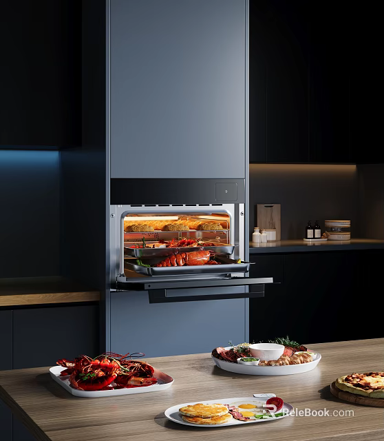 Modern Kitchen Built in Oven Cooking Delicious Lobster And Seafood For Family Dinners 3d model 