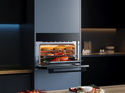 Modern Kitchen Built in Oven Cooking Delicious Lobster And Seafood For Family Dinners 3d model