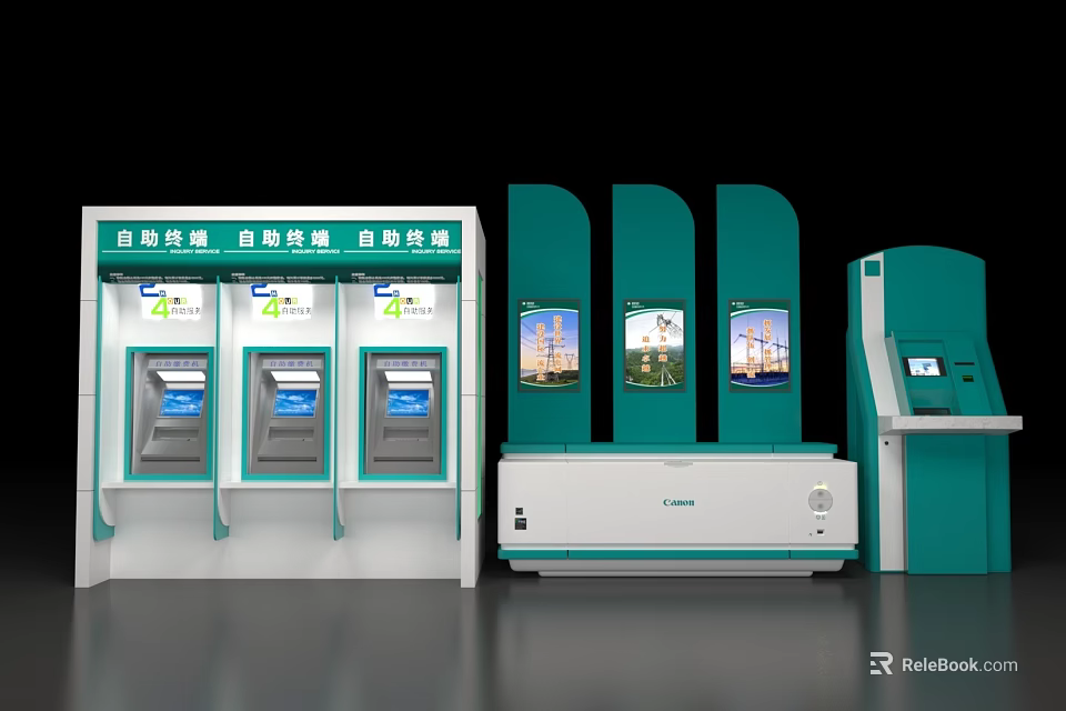 Self service Terminal Equipment With Multiple Kiosks And Digital Display Screens 3d model 