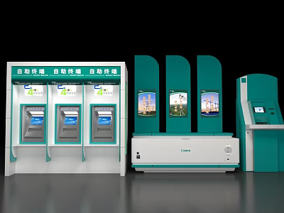 Self service Terminal Equipment With Multiple Kiosks And Digital Display Screens 3d model