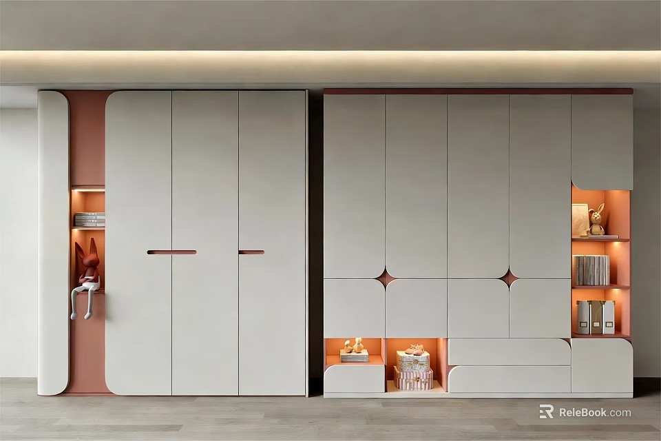 Modern Wardrobe With White Cabinet Doors Brown Accents Open Shelves And Lighting 3d model 