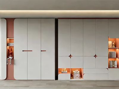 Modern Wardrobe With White Cabinet Doors Brown Accents Open Shelves And Lighting 3d model