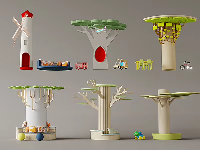 Various Creative Pillar Designs Featuring Tree Shaped Structures Small Platforms and Toy Decorations 3d model