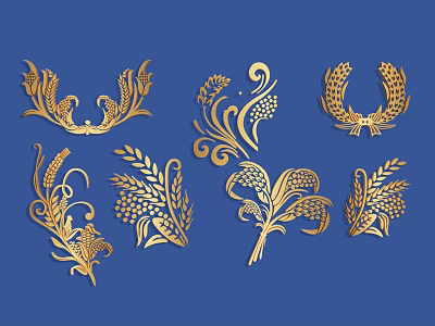 Golden Wheat Ears And Grain Motifs Decorative Design On Blue Background 3d model