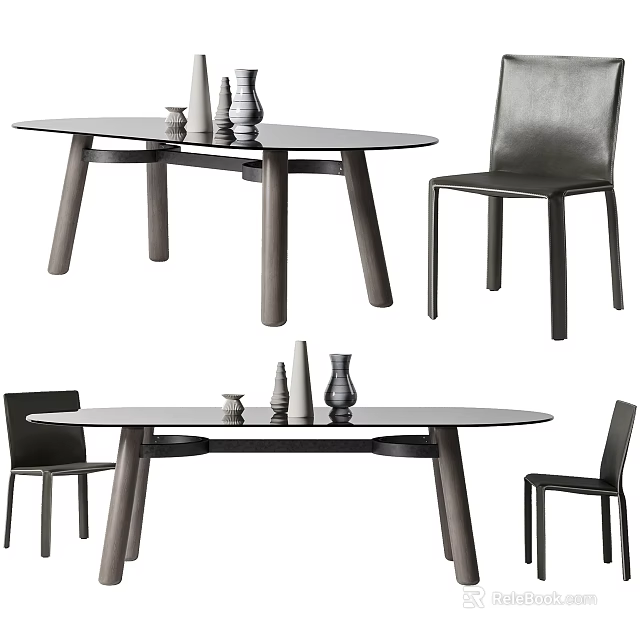 Modern Dining Table Set With Wooden Frame Leather Chairs And Decorative Vases 3d model 