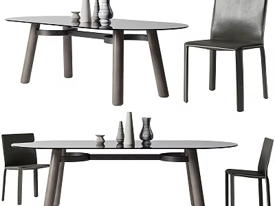 Modern Dining Table Set With Wooden Frame Leather Chairs And Decorative Vases 3d model