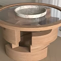 Round Glass Top Dining Table Featuring Geometric Wooden Base Marble Bowl And Light Wood Floor