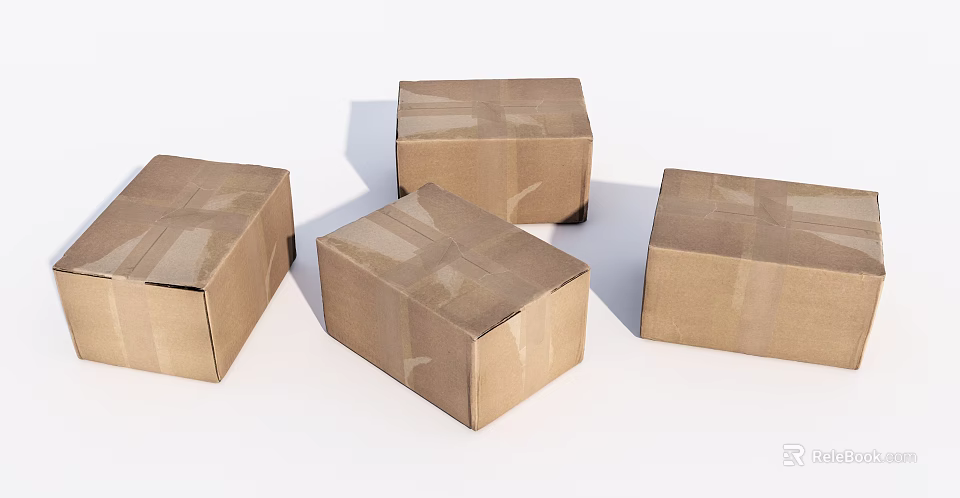 Four Brown Taped Cartons on White Background for Packaging 3d model 