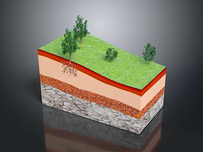 Plants with Green Grass Small Trees and Root System in Soil Profile Layers 3d model