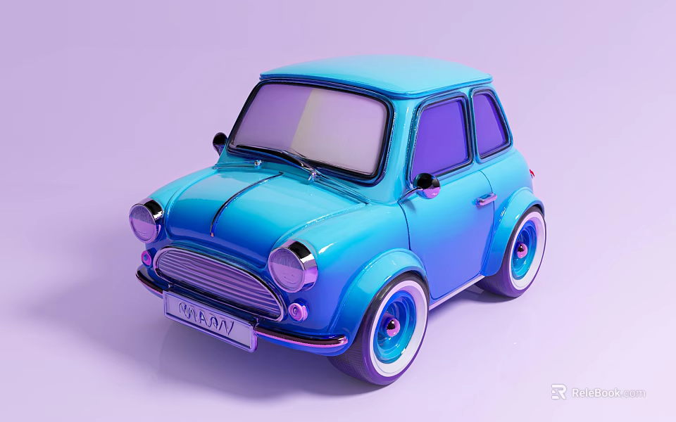 Shiny Blue Mini Car Model With Chrome Accents On Light Purple Background 3d model 