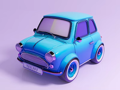 Shiny Blue Mini Car Model With Chrome Accents On Light Purple Background 3d model