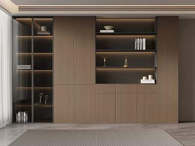 Modern Wooden Storage Cabinet Combination With Glass Doors Open Shelves And Decorative Items 3d model