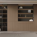 Modern Wooden Storage Cabinet Combination With Glass Doors Open Shelves And Decorative Items